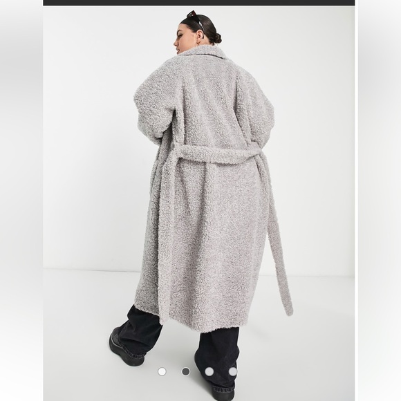 ASOS DESIGN Curve bonded shearling trench coat in grey Size 16 Long Teddy Coat - Picture 3 of 13